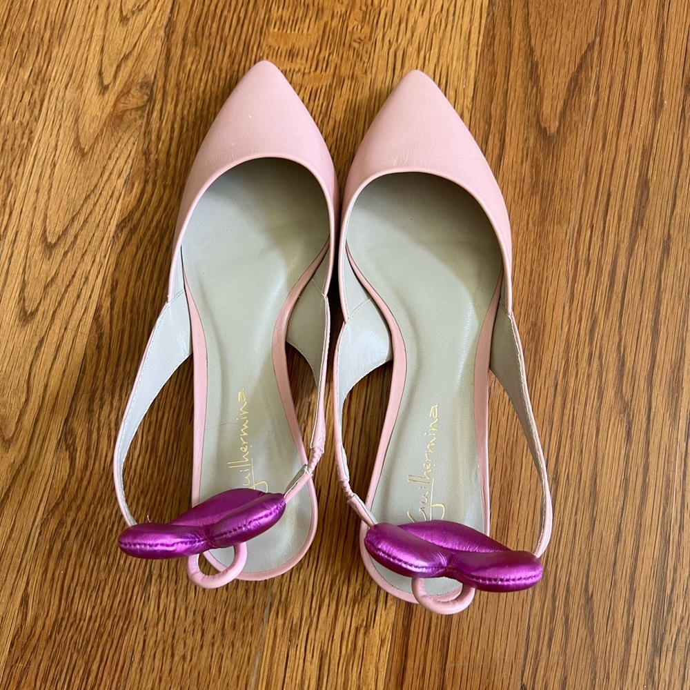 Anthropologie Pink Pointed-Toe Slingback Flats with Metallic Purple Accent